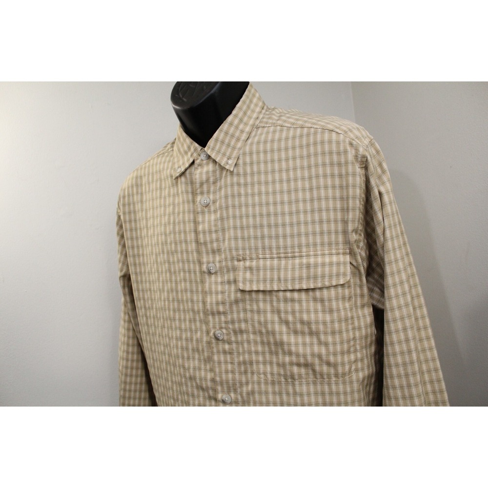ExOfficio Button Up Shirt Beige Plaid Long Sleeve Wicking Button Up Mens Medium